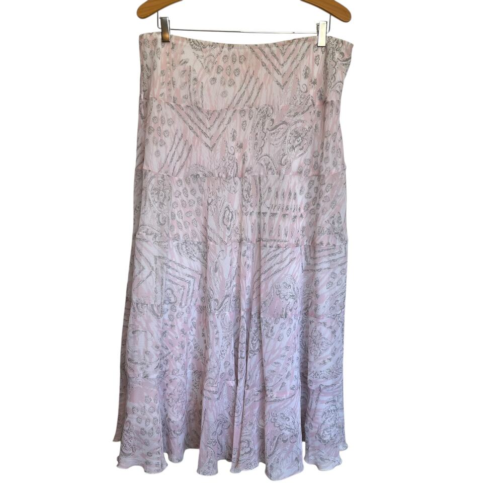Ruby Rd Chiffon Tiered Midi Skirt Fit Flare Pink Paisley Print Romantic Boho 14